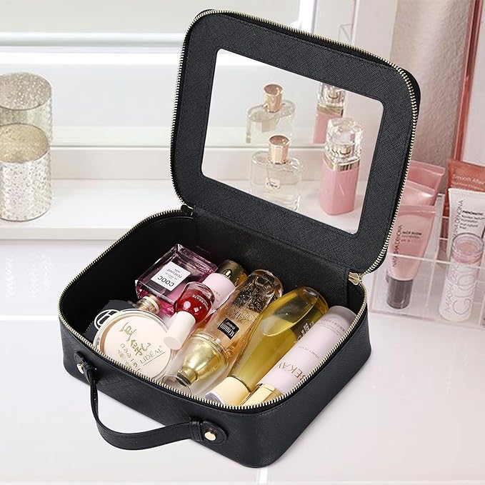 Pinkmik Clear Makeup Bag for Women Waterproof Travel Cosmetics and Toiletries Case Portable Makeup Oaganizer Bag Clear Car Bag with Zipper (Black, L)
