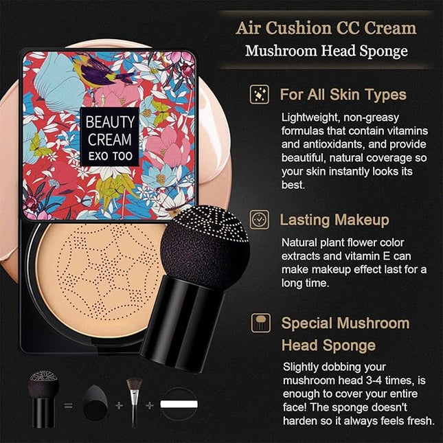 NUIBO 2PCS Air Cushion CC Cream Mushroom Head, Moisturizing Concealer Makeup Base, Primer Liquid Foundation Long Lasting with Two Mushroom Makeup Sponges【2 X Ivory】