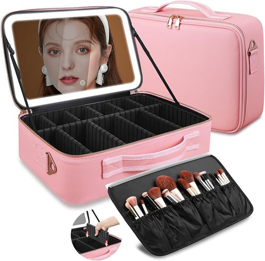 15"×11" Large Pink Makeup Bag with Mirror, Personal Item Travel Bag with Makeup Mirror 3 Lights, Waterproof Train Case with Mirror and Adjustable Dividers,Professional Lighted Makeup Case