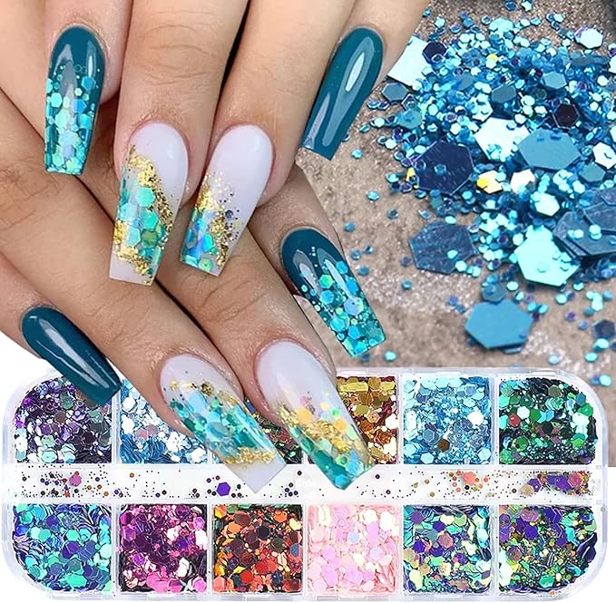 12 Grids Chameleon Nail Art Sequins Polygon Holographic Nail Supplies Bright Moving Nail Glitter Pattern Mermaid Nail Glitters Flakes Design 3D DIY Acrylic Nails for Women Manicure Powder Decorations