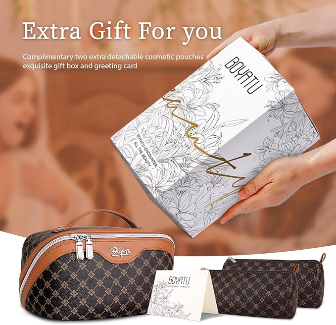 BOYATU Travel Makeup Bag Cosmetic Bags for Women: 3 Pcs Set Large Portable Make up Bag with Handle - Vegan Leather Toiletry Bags with Compartments - Makeup Organizer for Travel Essentials(01-Coffee)