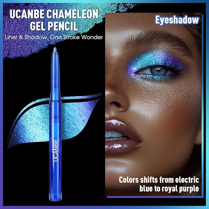 UCANBE Chameleon Eyeshadow & Eyeliner Gel Pencil - Multichrome Shifting Colors Metallic Glitter Eye Makeup,Waterproof Long-Lasting Smudge-Proof Multi-Dimensional Color (Electric Blue to Royal Purple)