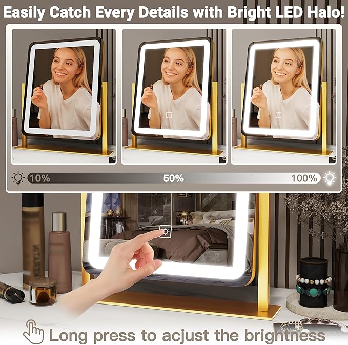 FENNIO Vanity Mirror with Lights - 15"x12.6" LED Lighted Makeup Mirror, Large Makeup Mirror with Lights, Touch Screen with 3-Color Lighting, Dimmable, for Vanity Desk Tabletop, Bedroom Gold