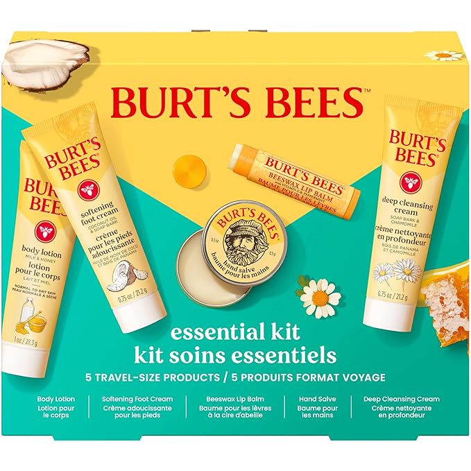 Burt's Bees Gift Ideas - Essentials Everyday Set, 5 Travel Size Products - Deep Cleansing Cream, Hand Salve, Body Lotion, Foot Cream and Original Lip Balm
