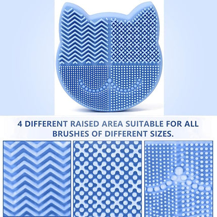 Silicon Makeup Brush Cleaner Mat with Portable Cat Shaped Cosmetic Brush Cleaning Pad Holder - Blue