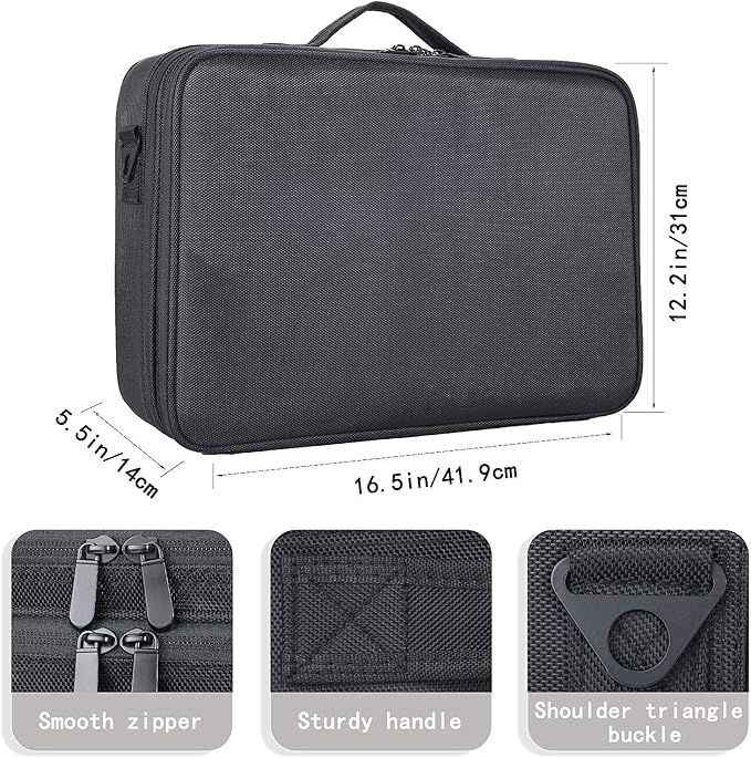 JOURMON Travel Makeup Case Portable Makeup Train Case Organizer Cosmetic Bag with Adjustable Dividers and Shoulder Strap for Makeup Brushes Toiletry Travel Accessories(Pure Black, L)