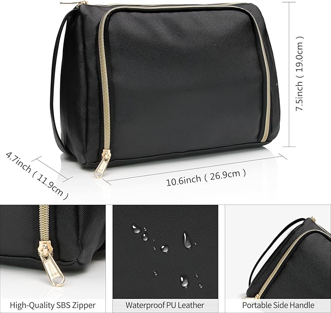 CUBETASTIC Large Makeup Bag - Black Faux Leather Travel Makeup Pouch, Waterproof Cosmetic Bag Organizer for Women, Toiletry Bag for Travel, Portable Make Up Case (Black, Large（Pack of 1）)