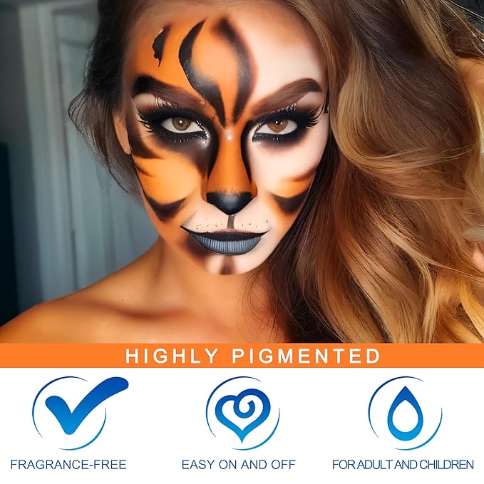 MEICOLY Orange Face Body Paint,Water Based Washable Face Paint,Pumpkin Tiger Face Painting,Professional Body Paint for Halloween SFX Special Effects Cosplay Makeup