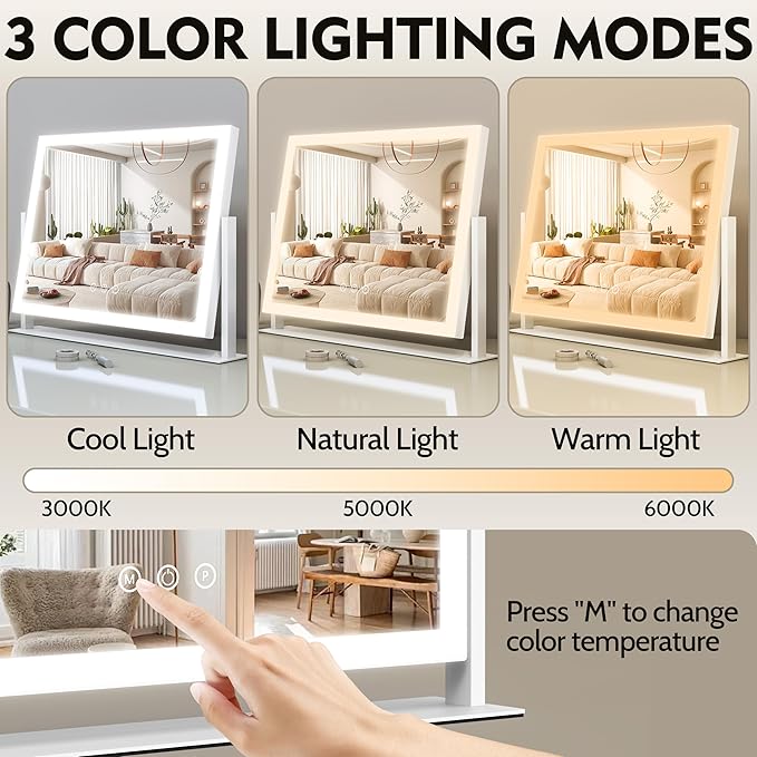 Lighted Makeup Mirror, 16.3"x12.6" Hollywood Vanity Mirror with Lights, 10X Magnification, 3 Color Lighting Modes, Smart Touch Control, 360° Rotation for Bedroom or Tabletop (White)