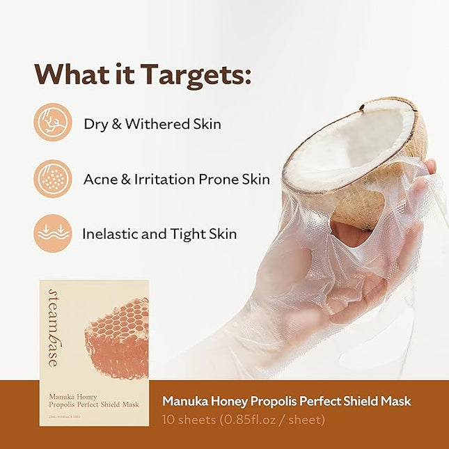 STEAMBASE Manuka Honey Propolis Perfect Shield Mask | Face Sheet Mask | Hydrating, Anti-Aging, Cooling, Elasticity, Fine Lines Repair | Facial for Dry and Sensitive Skin | Korean Skin Care | 10 Sheets