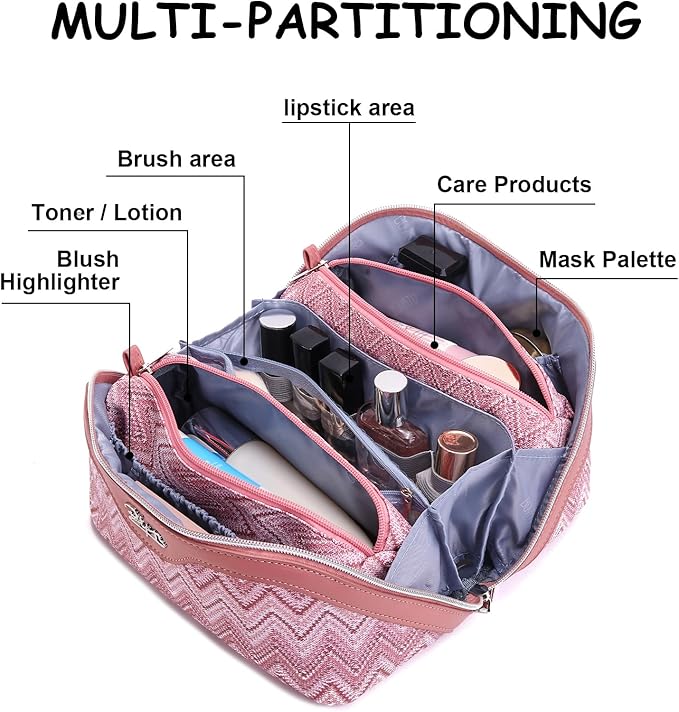 Travel Makeup Bag for Women: Western Boho Make up Bag Set of 3 - Large Capacity Vegan Leather Cosmetic Bag - Waterproof Toiletry Bag with Compartments & Handle & Divider(B-05Red)