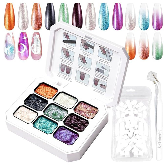 Gradient Painting Gel, 9 Colors Glitter Pearlescent Ombre Gel Nail Polish for Pigment Pat Nails Aura Nails, French Manicure DIY Nail Art Long-lasting No-wipe Palette Cosmic Jewels