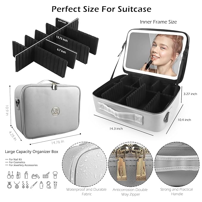 MOMIRA Large Makeup Train Case with Lighted and Mirror 14inch Partitionable Cosmetic Bag Travel Makeup Case Professional Cosmetic Artist Organizer, Waterproof Portable, with Shoulder Stra Silver