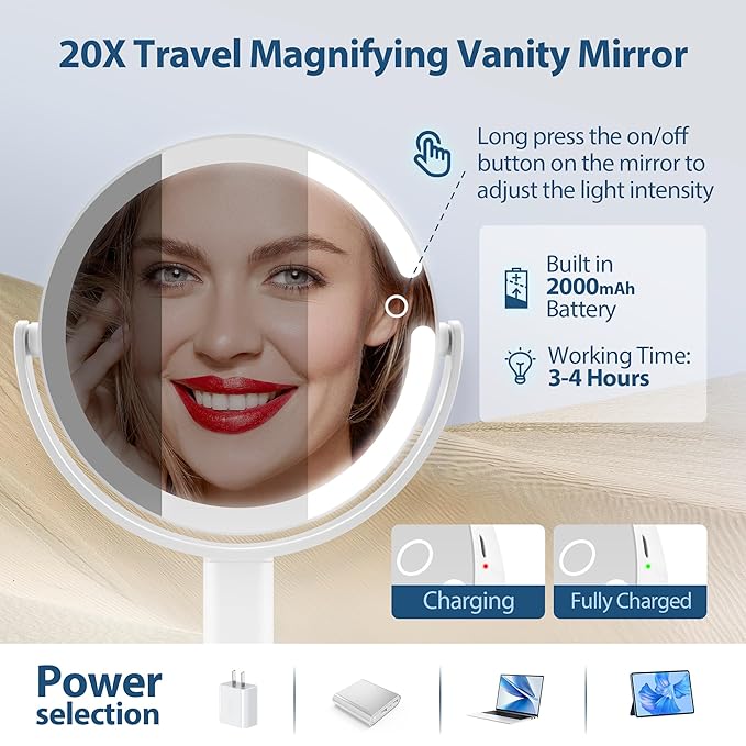 Lighted Makeup Mirror, 20X Magnifying Mirror with Light and Adjustable Brightness, Vanity Mirror with 3 Color Light, 2-Sided Mirror for Desk, Detachable Travel Makeup Mirror with Light 8.8 Inches