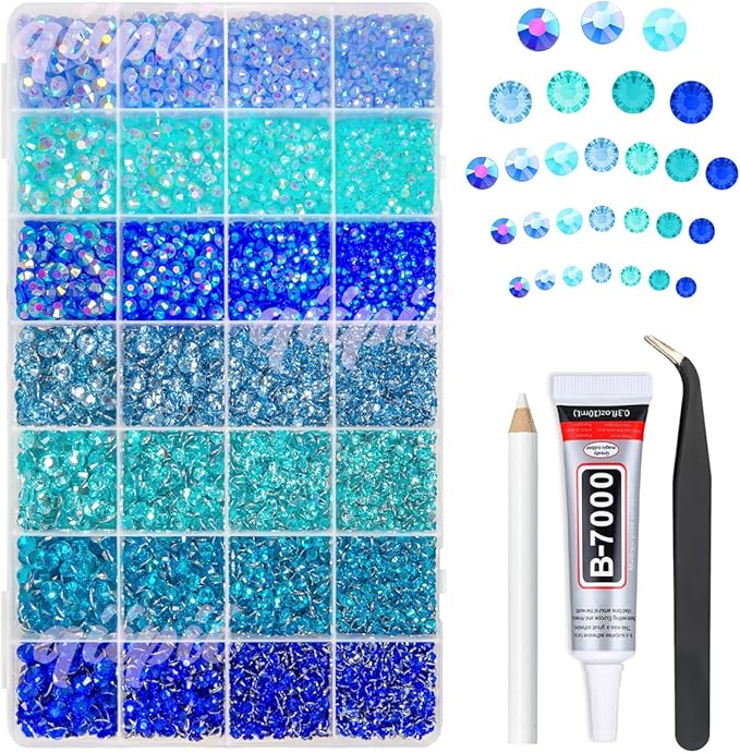 28 Types Blue Jelly Resin Rhinestones w B7000 Jewelry Glue for Bedazzling Crafting 3-6mm Flatback Colorful Stones Gems Diamonds for Face Eyes Makeup DIY Crafts Tumblers Bottles Clothes Shoes