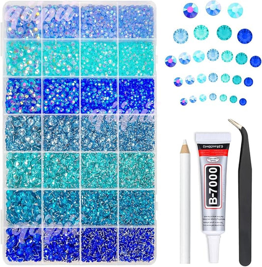 28 Types Blue Jelly Resin Rhinestones w B7000 Jewelry Glue for Bedazzling Crafting 3-6mm Flatback Colorful Stones Gems Diamonds for Face Eyes Makeup DIY Crafts Tumblers Bottles Clothes Shoes