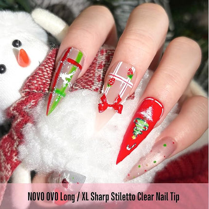 NOVO OVO Long XL Sharp Stiletto Pointed Nail Tips Press on, Extra Long Thick Soft Gel Double Matte Clear Fake Nail Extension, Full Cover False Nails for Acrylic, for Salon DIY x 16 Sizes 480 pcs