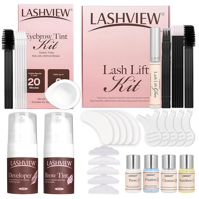 LASHVIEW Lash Lift and Eyebrow Kit, Professional Eyelash Perm Kit and Eyelash & Eyebrow Set Quick Lifting & Voluminous Coloring Gifts for Women Salon Grade Home DIY(BLACK)