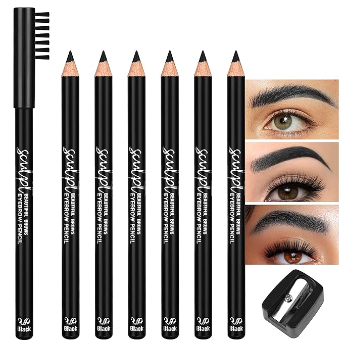 6Pcs Eyebrow pencil wooden，Brow Kit with Brush and Sharpener，Eyebrow Pencils for Women，Fine Tip Eye Brow Eye Liner for Eye Makeup,Shapes, Defines, Fills Brows (Blackest Black-06)