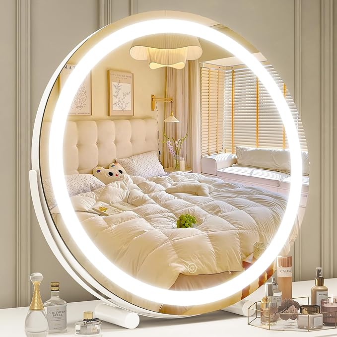 Vanity Mirror with Lights, 18 Inch Lighted Makeup Vanity, Smart Touch Control, 3-Color Dimmable Round Design, 360° Rotating Tabletop Mirror (White)
