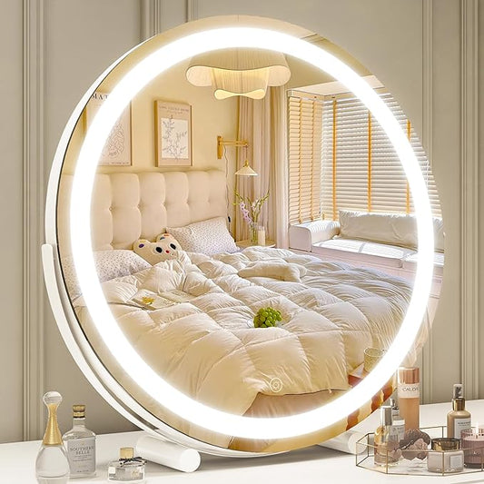 Vanity Mirror with Lights, 18 Inch Lighted Makeup Vanity, Smart Touch Control, 3-Color Dimmable Round Design, 360° Rotating Tabletop Mirror (White)