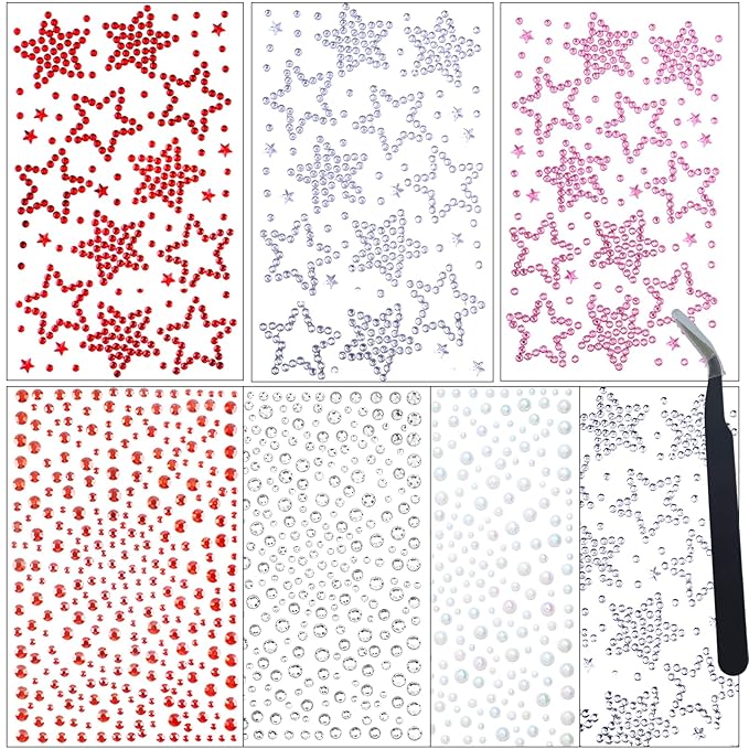 7 Sheets Self-Adhesive Face Gems Rhinestones, Sparkling Body Jewels for Eye Makeup and Skin, y2k Festival Star Stickers for Women Girls with Black Tweezers