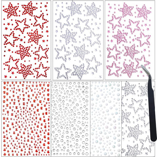 7 Sheets Self-Adhesive Face Gems Rhinestones, Sparkling Body Jewels for Eye Makeup and Skin, y2k Festival Star Stickers for Women Girls with Black Tweezers