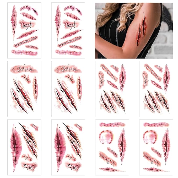 10 Sheets Halloween Zombie Scar Temporary Tattoos, Fake Bloody Wound Stitch Scab Body Face Waterproof Tattoo Stickers Masquerade Prank Makeup Props