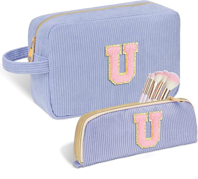 Personalized Initial Makeup Bag Trendy Stuff Corduroy Cosmetic Bag Travel Toiletry Bag, Valentine’s Day Gift Makeup Organizer Case & Makeup Pouch for Women Teen Girls Mom Girlfriend Wife