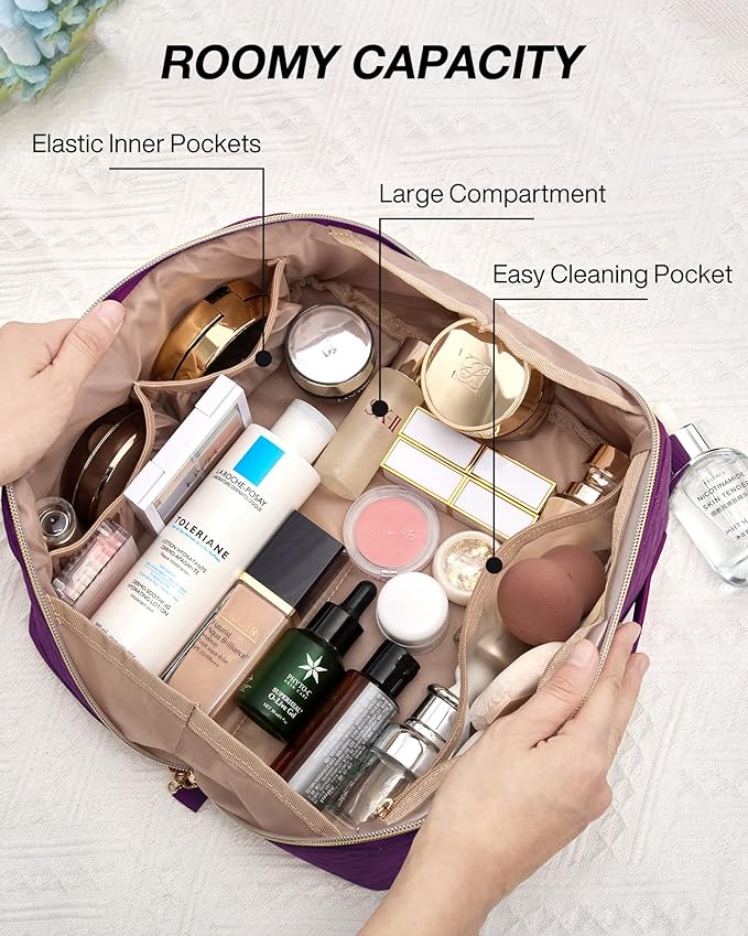 BAGSMART Makeup Bag Cosmetic Bag, Travel Makeup Bag,Water-resistent Makeup Bags for Women Portable Pouch Open Flat Make Up Organizer Bag for Toiletries, Brushes, Purple