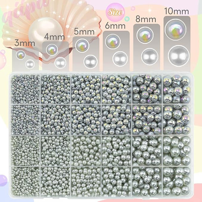 qiipii 2 Styles Solid Light Gray+ Grey AB Flatback Pearls for Bedazzling Crafting 3-10mm Half Pearls Round Beads Gems Bedazzler Kit for Nails Face Eyes Makeup Tumblers Bottles DIY Crafts Shoes﻿ Phones