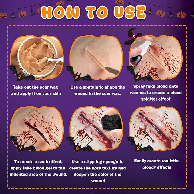 CAHIUYOA Halloween Special Effects SFX Zombie Vampire Makeup Kit,Black White Red Face body Paint with Fake Blood Spray & Gel,Scar Wax,Spatula,Brush Stipple Sponges for Halloween Cosplay Party(20PCS)