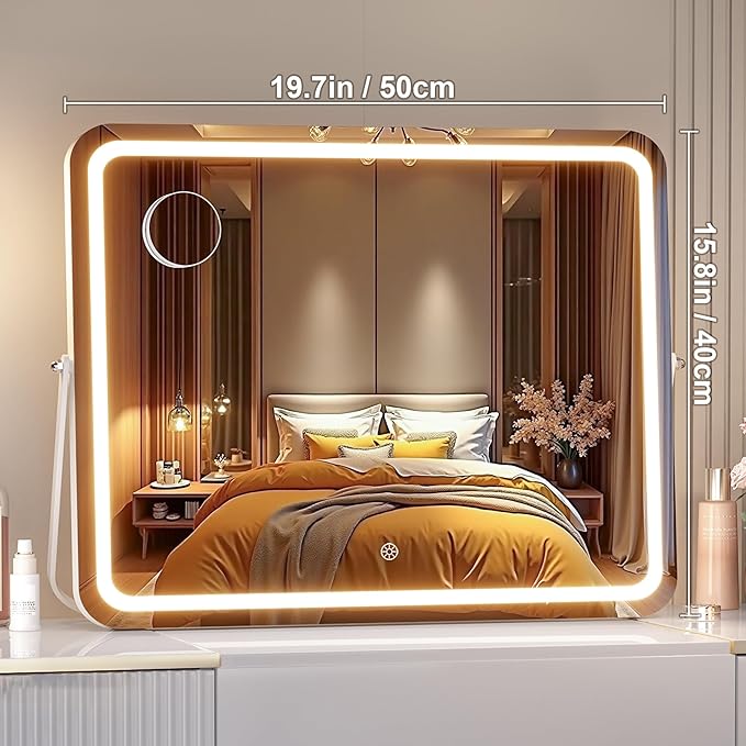 MINISO Vanity Mirror with Lights, 20" x 16" LED Makeup Mirror, Light & Brightness Adjustment, Smart Sensor, 360°Rotation, Aluminum Alloy Metal White Frame, with 5X Magnifying Glass