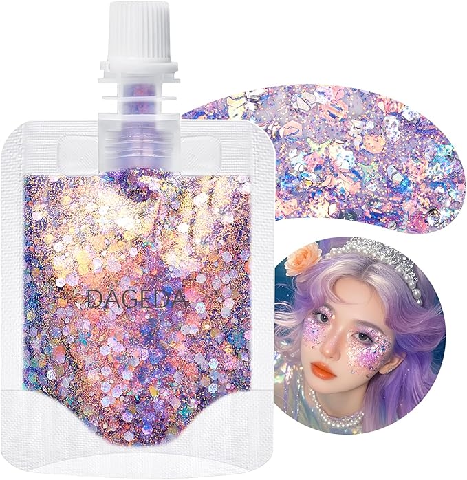 DAGEDA Purple Body Glitter Gel,Sparkly Face Hair Eye Glitter Makeup,Quick-Drying Body Shimmer Holographic Sequins, Singer Concert, Festival Rave Makeup Accessories