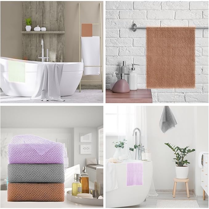 UJFQBH 3 Pieces African exfoliating net African Net Long Net Bath Sponge Exfoliating Shower Body Scrubber Back Scrubber Skin Smoother,Great for Daily Use (Purple、Gray、Brown)