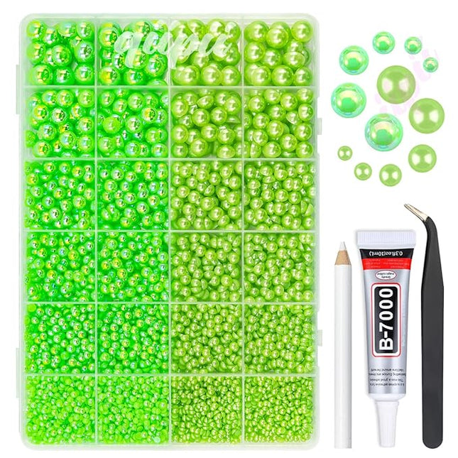 qiipii 2 Styles Solid Green+ Light Green AB Flatback Pearls for Bedazzling Crafting 3mm-10mm Half Round Pearls Beads Gems Bedazzler Kit for Nails Face Eyes Makeup Tumblers Bottles Crafts Shoes﻿ Beauty