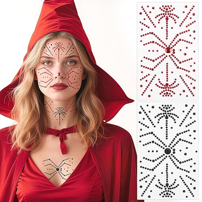 Red Black Face Gems, Halloween Face Rhinestone Makeup Festival Face Jewels, Spider Web Witch Scars Stick On Gems, Self-Adhesive Rhinestone Set for Halloween Cosplay Makeup