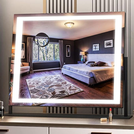 Hasipu Vanity Mirror with Lights, 24.2" x 19.7" LED Makeup Mirror, Light up Mirror with 10X Magnification, Smart Touch 3 Colors Dimmable, 360° Rotation (Right Angle Black)