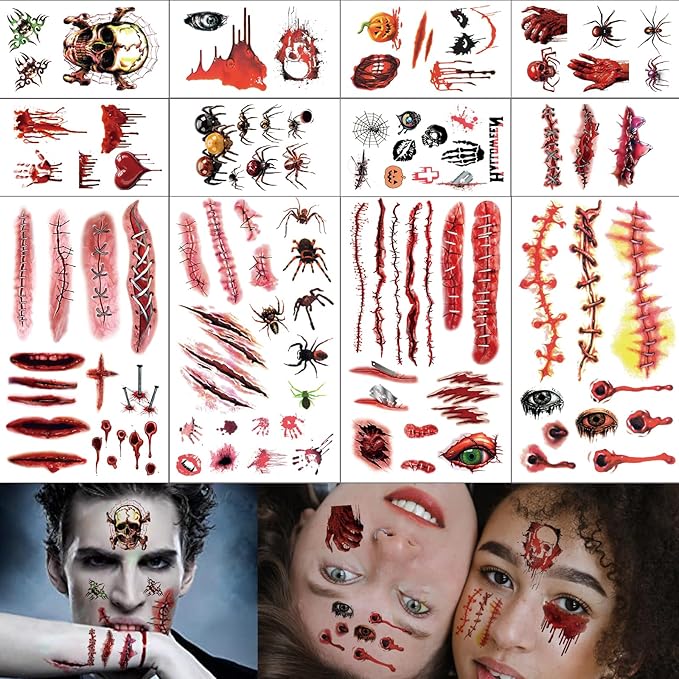 Halloween Zombie Makeup, 12 Sheets Halloween Fake Scars Bloody Wound Temporary Tattoos, Halloween Party Cosplay Vampire Makeup Tattoos for Women Men Kids