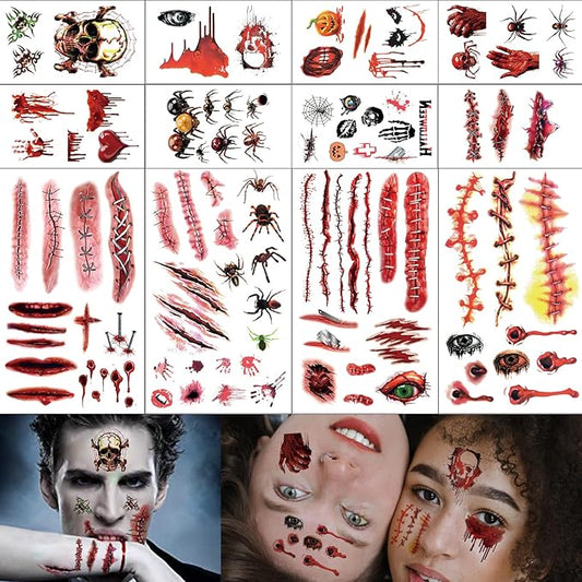 Halloween Zombie Makeup, 12 Sheets Halloween Fake Scars Bloody Wound Temporary Tattoos, Halloween Party Cosplay Vampire Makeup Tattoos for Women Men Kids