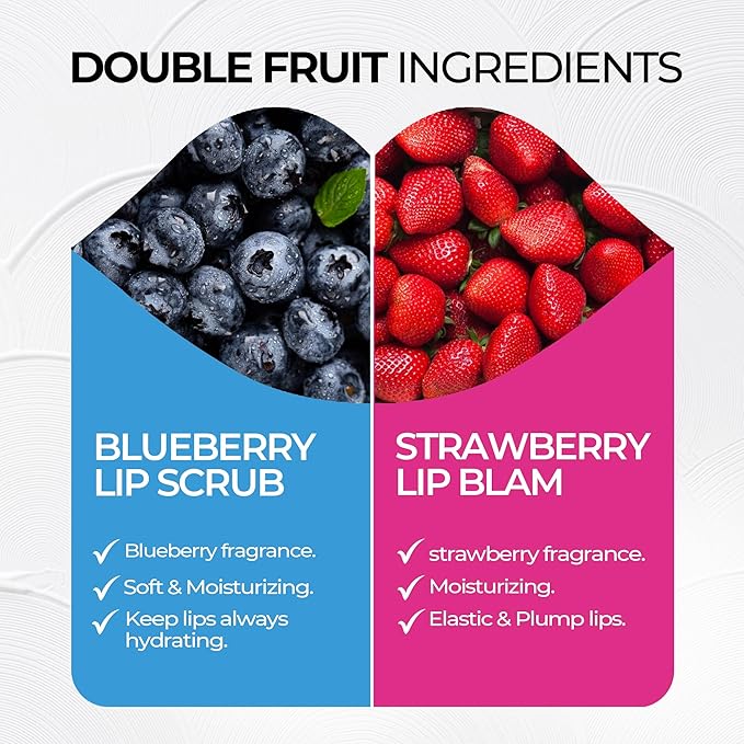 2 in 1 Lip Care Kit with Blueberry Lip Scrubber Exfoliator 28g and Strawberry moisturizing lips balm 20g – lip lightening for dark lips, Dry, Chapped, Cracked Lips (48g)