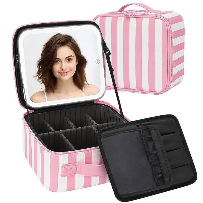 Makeup Bag With LED Mirror, Travel Makeup Case with Light up Mirror Large Cosmetic Case with 3 Color Lighted Portable Organizer Bag with Adjustable Dividers (Pink/White Stripes, Small)