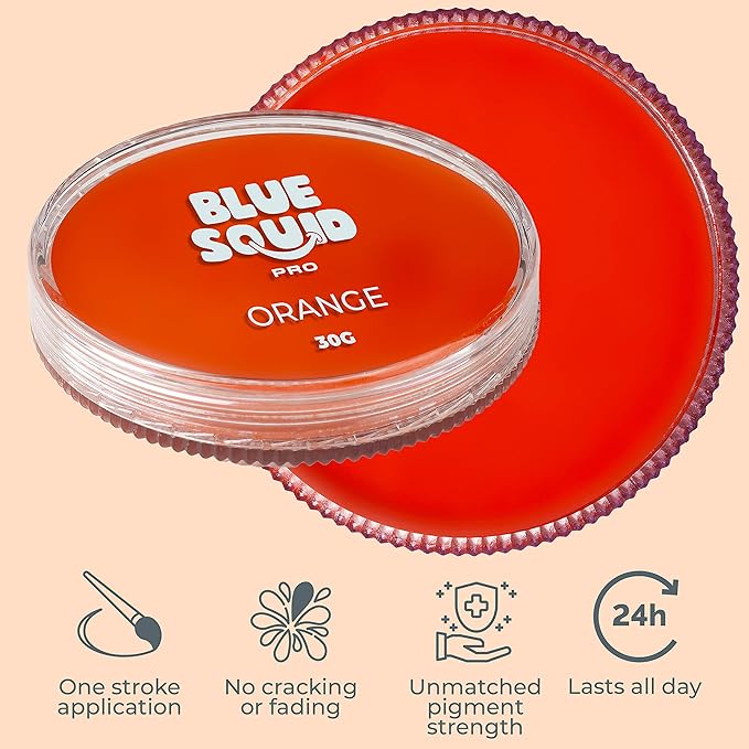 Blue Squid Face Paint Water Based Single Cake Professional Face Paint & Body Paint - Water Activated, Kids Adults Face Painting for Costume, Halloween Makeup, Cosplay - Classic Orange Face Paint 30g