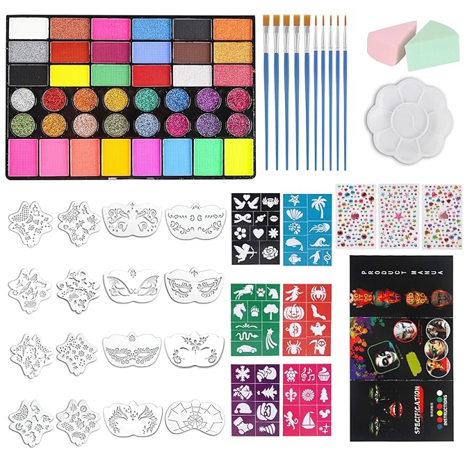 42 Color Face Paint Kit for Kids, Brushes, Sponges, Gems, Stickers, Non-Toxic Water-Based Makeup Palette Face Painting Kit for Kids Ideal Halloween, Parties, Festivals, Body Art & More