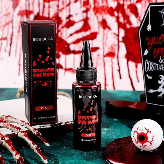 BOBISUKA Halloween Fake Blood, Old Fake Blood 1.76oz, Realistic Washable Liquid Dripping Fake Blood Makeup Kit for Halloween, SFX Makeup, Cosplay Party, Stage, Horror Film