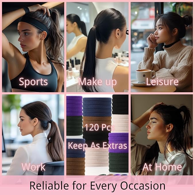 120 Pcs No Damage Hair Ties for Women Thick Hair,Large Soft Seamless Nylon Cloth Hair Ties Ponytail Hair Holders Hair Elastics Hair Band for Women Hair Accessories Neutrals 4