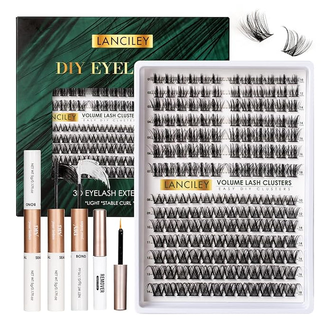 Lash Clusters Kit 168pcs Eyelash Clusters 10-18mm Cluster Eyelash Extensions Natural Eyelashes Wide Band Cluster Lashes Soft False Eyelashes Lash Extension Kit with Bond and Seal and Remover-M37+M38