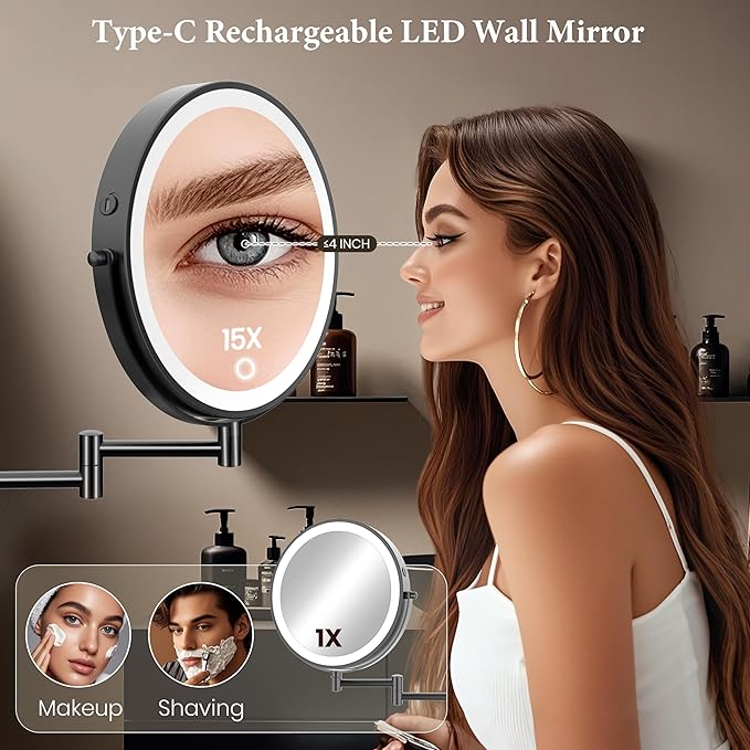 Large Wall Mounted Lighted Makeup Mirror Black Nickel, 1X/20X Magnifying Mirror with 3 Color Light, LED Lights Dimmable 5000mAh Rechargeable Wall Mount Makeup Mirror, 360° Swivel 17 Inch for Bathroom