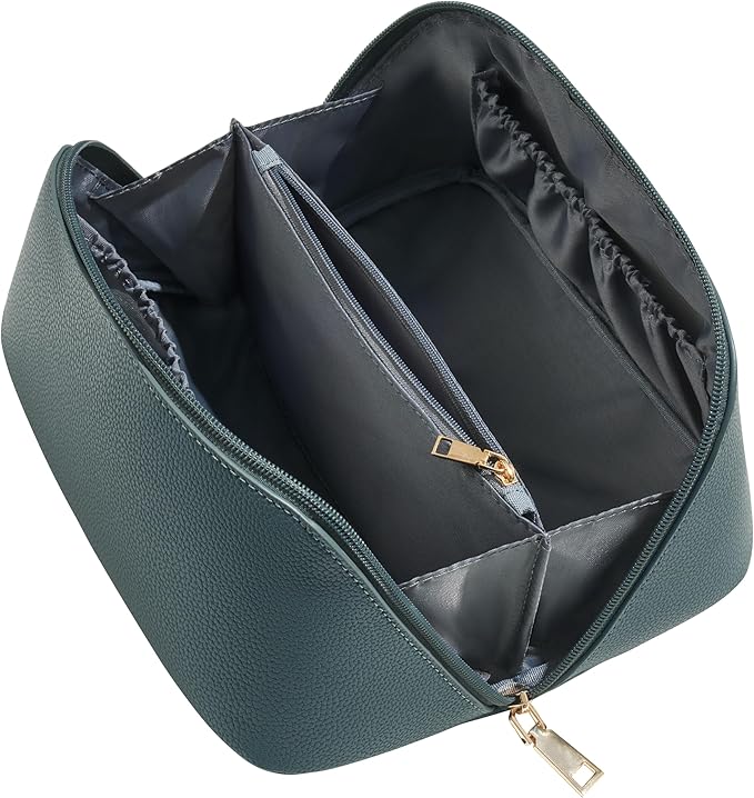 Yarnic Green Travel Makeup Bag Pouch Cosmetic Bag, Large Capacity Toiletry Bag for Women, Portable Pouch Cute Make Up Organizer with Divider and Handle, PU Leather (Gray Green)