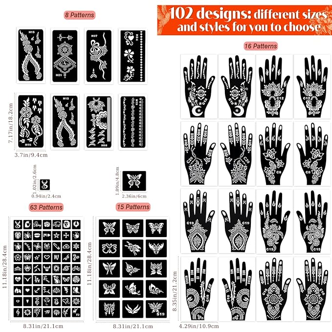 Temporary Tattoos Stencils Kit,Temporary Tattoos Kit - 8 Pcs 4 Color(Brown,Black,Cherry red,Green), Ink with Gloves,DIY Body Art Painting for Women Men Adults Kids